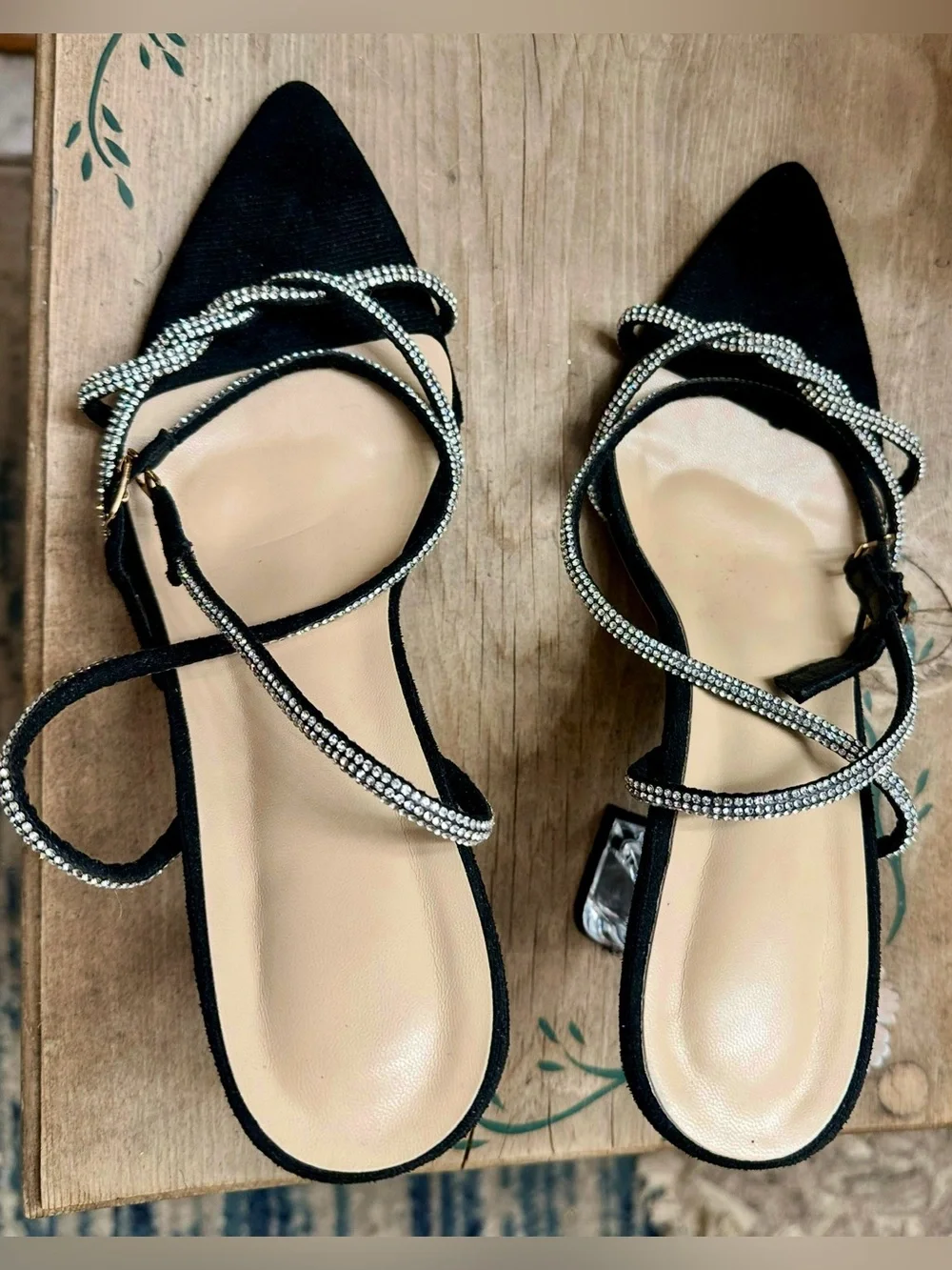 Black Crystal-Embellished Slingback Heels
